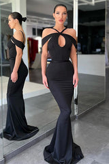 Black Halter Off the Shoulder Mermaid Long Prom Dress with Pleats