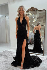 Black Halter V Neck Mermaid Long Prom Dress with Split