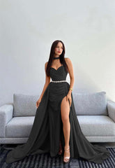 Black Halter Strapless Sweetheart Mermaid Prom Dress with Split and Gloves