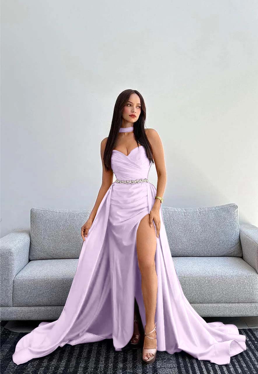 Black Halter Strapless Sweetheart Mermaid Prom Dress with Split and Gloves