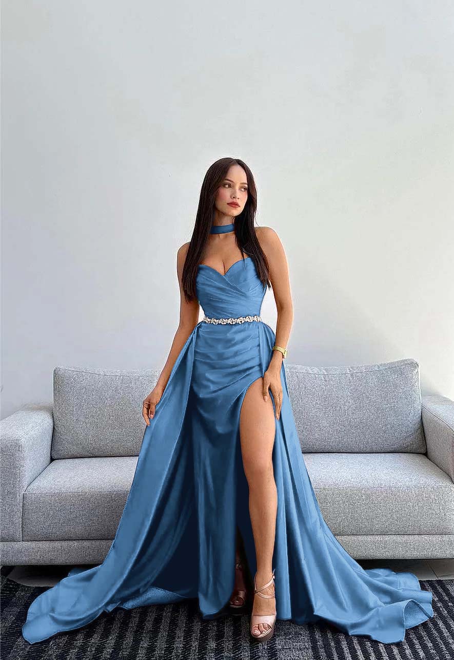 Black Halter Strapless Sweetheart Mermaid Prom Dress with Split and Gloves