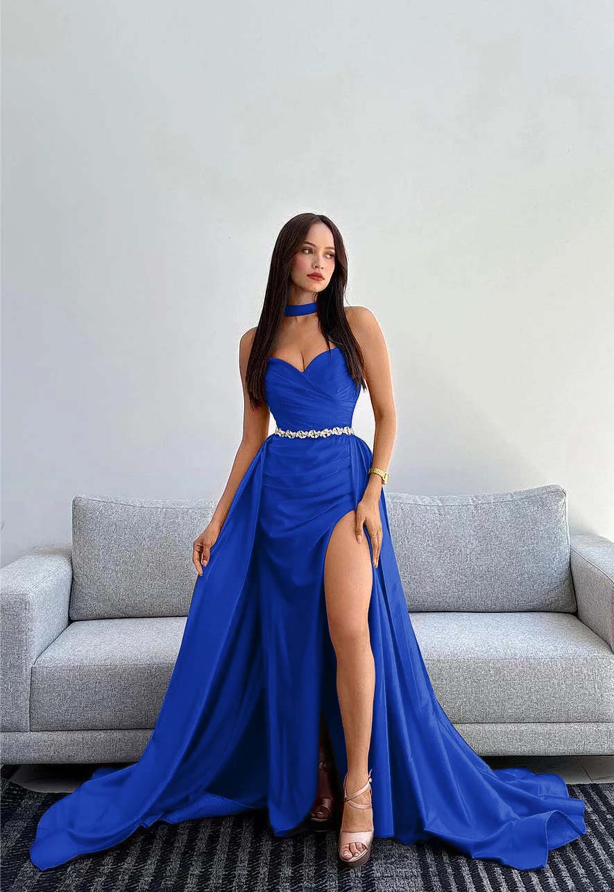 Black Halter Strapless Sweetheart Mermaid Prom Dress with Split and Gloves