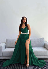 Black Halter Strapless Sweetheart Mermaid Prom Dress with Split and Gloves