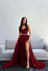 Black Halter Strapless Sweetheart Mermaid Prom Dress with Split and Gloves