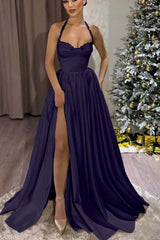 Black Halter Sweetheart Long Prom Dress with Split