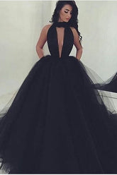 Black High-Neck Tulle Evening Dress