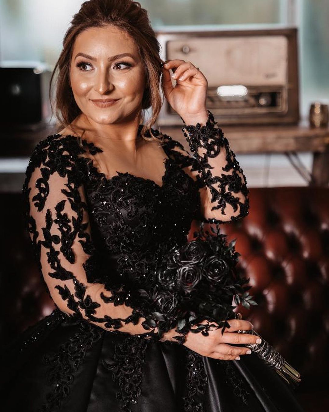 Black Long Ball Gown Wedding Dress With Sleeves