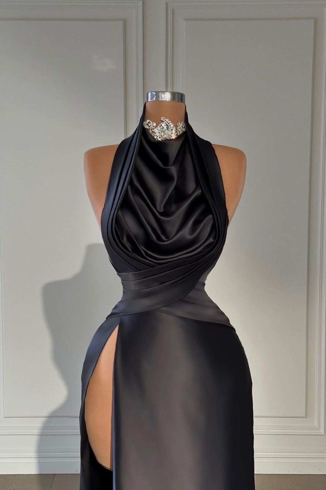 Black Long Halter Evening Dress with High Slit and Pleats
