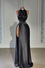 Black Long Halter Evening Dress with High Slit and Pleats