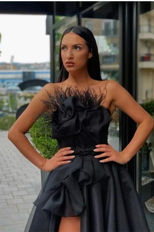Black Long Prom Dress Split with Feather
