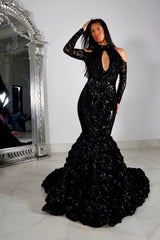 Black Long Sleeve Mermaid Prom Dress with Flower and Appliques