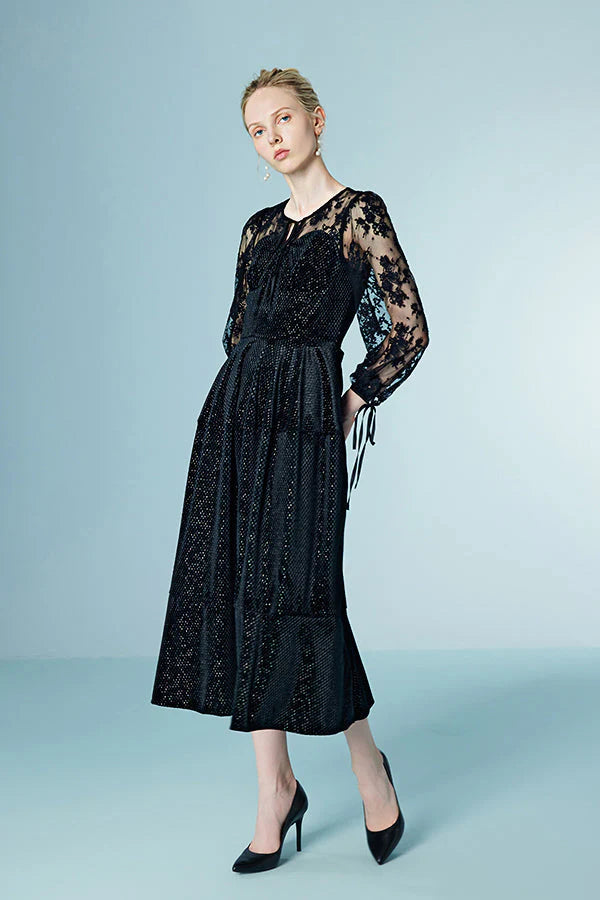 Babyonlines Black Long Sleeves Sequined A-line Lace Dresses