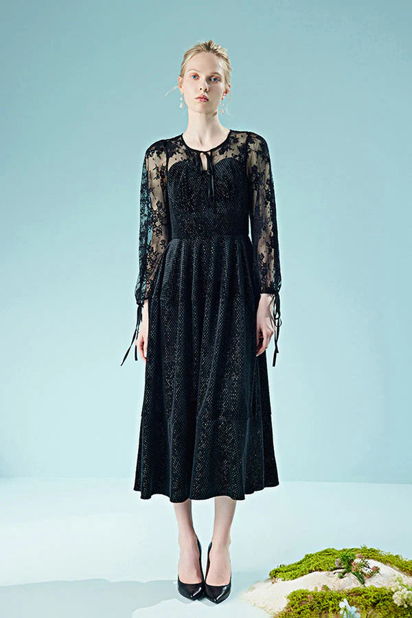 Babyonlines Black Long Sleeves Sequined A-line Lace Dresses