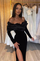 Black Mermaid Prom Dress Half-Sleeve Pleated with Slit