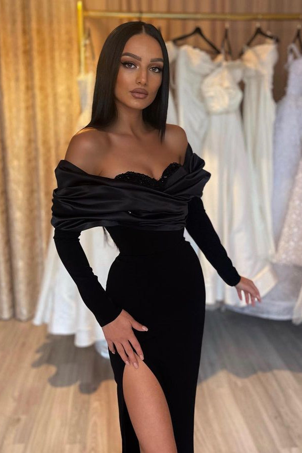 Black Mermaid Prom Dress with High Split and Pleated