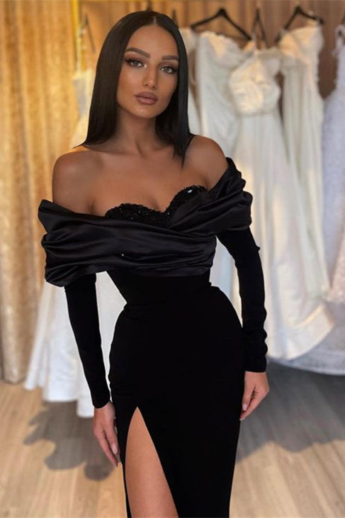 Black Mermaid Prom Dress with High Split and Pleated
