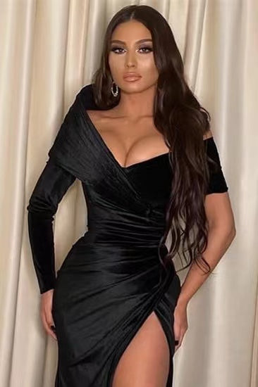 Black Off the Shoulder Long Sleeve Mermaid Long Prom Dress with Split