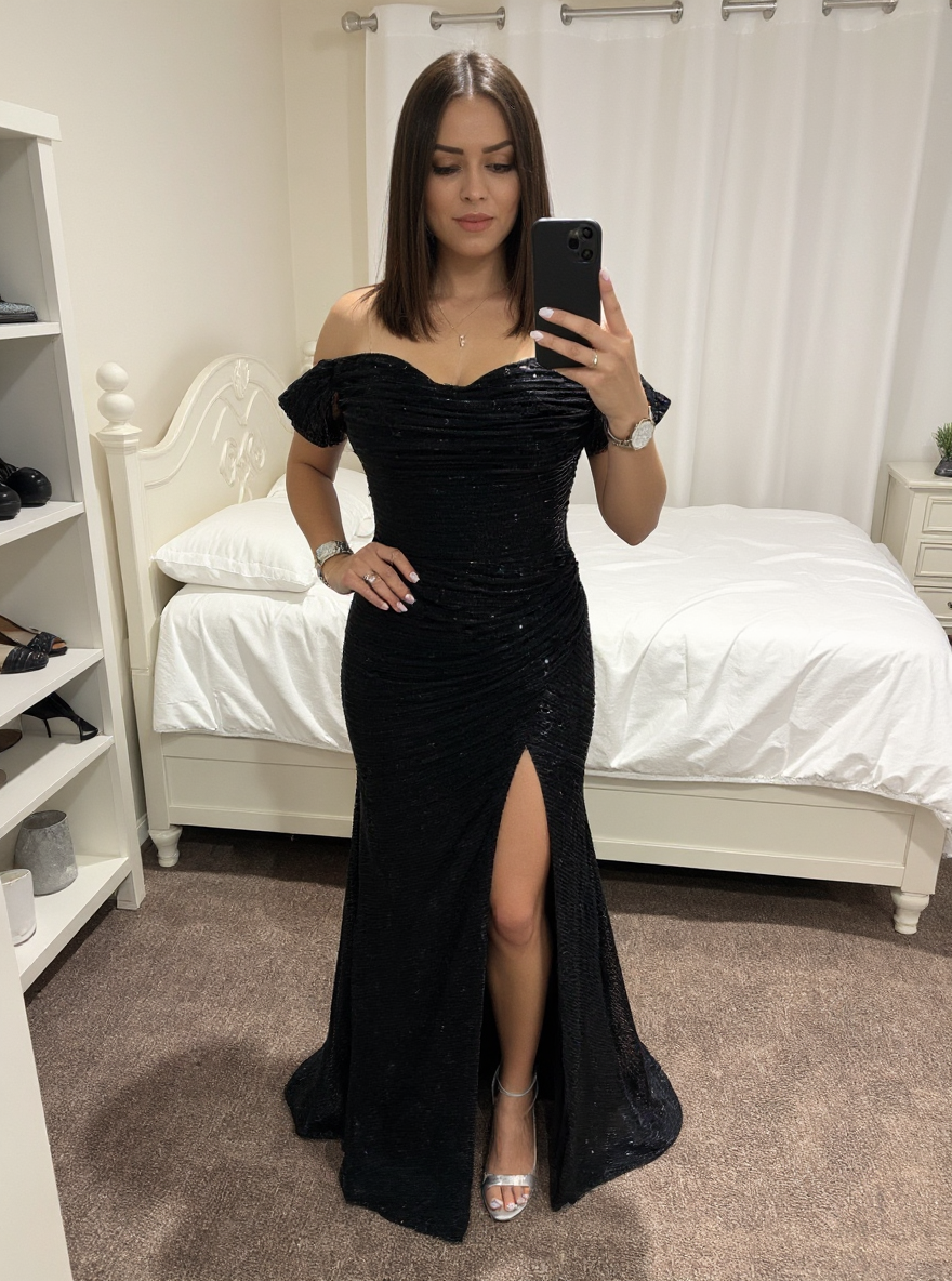 Sequined Black Long Off-the-Shoulder Mermaid Formal Prom Dresses with Slit