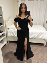 Sequined Black Long Off-the-Shoulder Mermaid Formal Prom Dresses with Slit