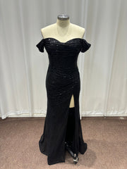 Sequined Black Long Off-the-Shoulder Mermaid Formal Prom Dresses with Slit