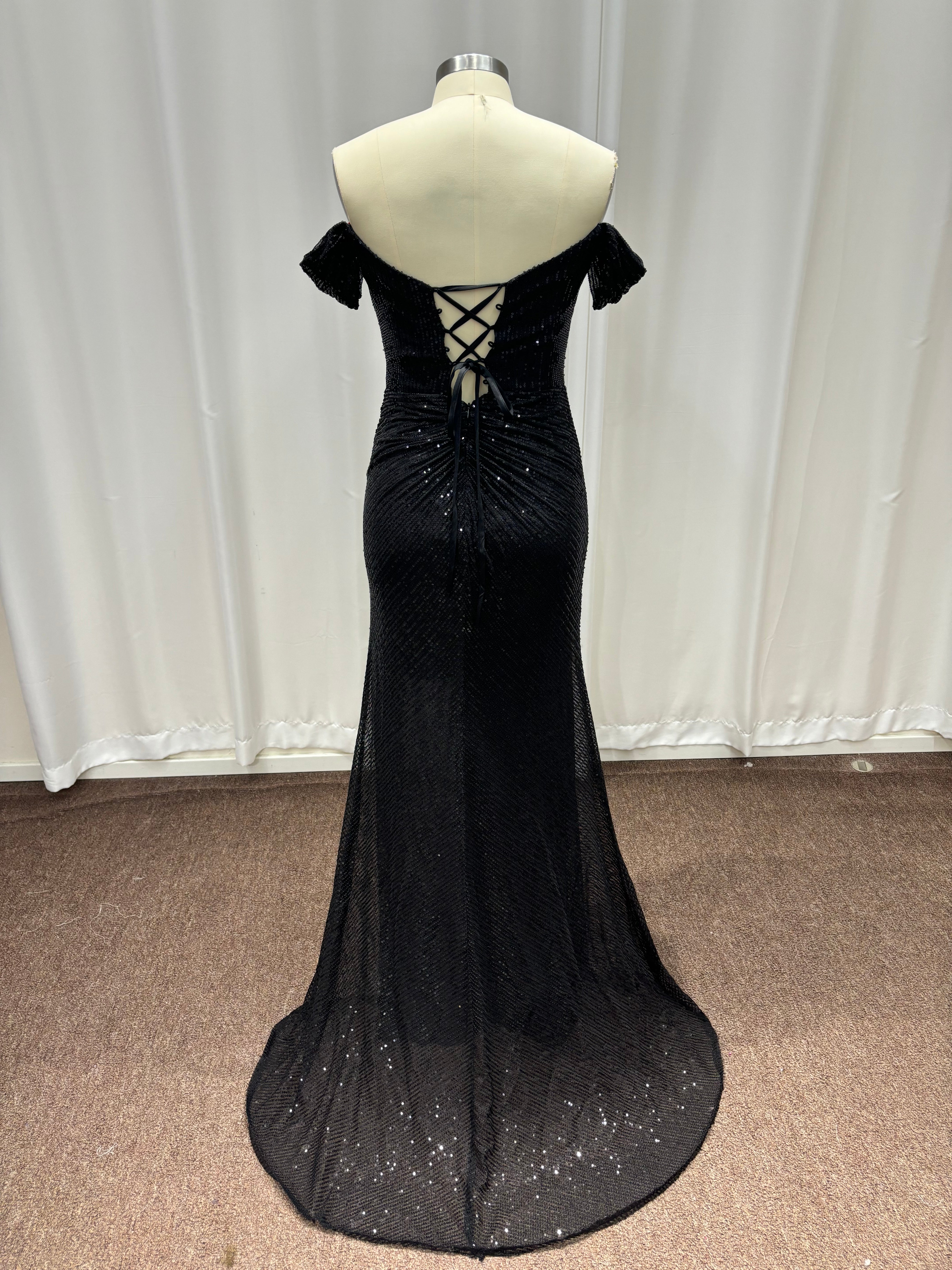 Sequined Black Long Off-the-Shoulder Mermaid Formal Prom Dresses with Slit