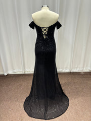 Sequined Black Long Off-the-Shoulder Mermaid Formal Prom Dresses with Slit