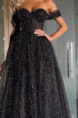 Black Off the Shoulder Sweetheart A-Line Prom Dress with Beading and Tulle