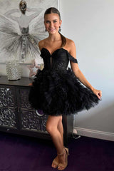 Black Off the Shoulder Tulle Ruffle Short Party Dress