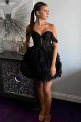 Black Off the Shoulder Tulle Ruffle Short Party Dress