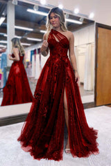 One Shoulder A-Line Prom Dress with Side Split, Tulle and Appliques
