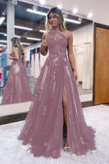 One Shoulder A-Line Prom Dress with Side Split, Tulle and Appliques