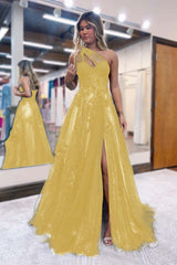 One Shoulder A-Line Prom Dress with Side Split, Tulle and Appliques