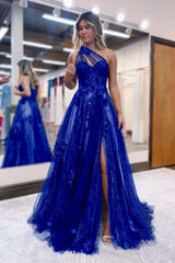 One Shoulder A-Line Prom Dress with Side Split, Tulle and Appliques