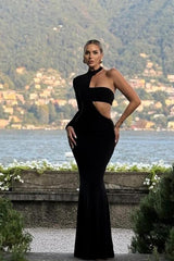 Black One Shoulder Halter Long Sleeve Mermaid Long Prom Dress