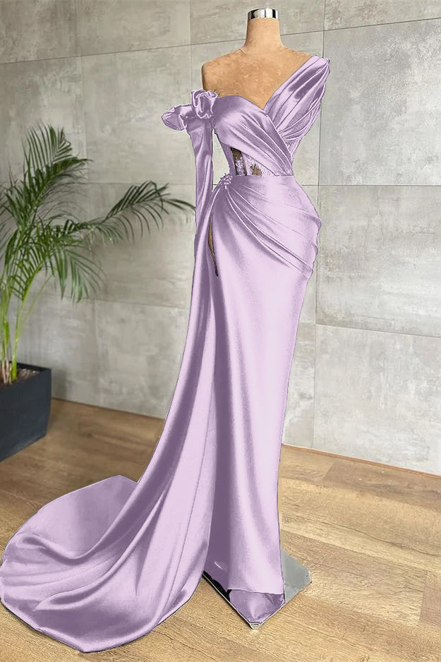 One Shoulder Long Sleeve Long Prom Dress with Side Split and Lace