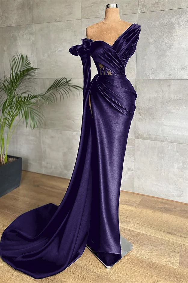 One Shoulder Long Sleeve Long Prom Dress with Side Split and Lace