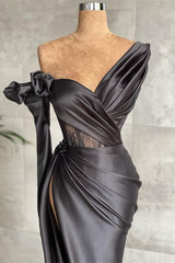 One Shoulder Long Sleeve Long Prom Dress with Side Split and Lace