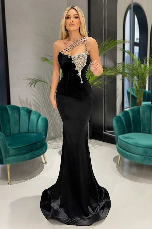 Black One-Shoulder Mermaid Long Prom Dress with Rhinestones