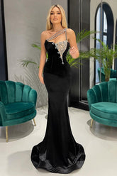 Black One-Shoulder Mermaid Long Prom Dress with Rhinestones