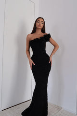 Black One Shoulder Mermaid Long Prom Dress with Lace Appliques