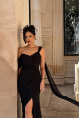 Black One Shoulder Mermaid Long Prom Dress with Split and Ruffles