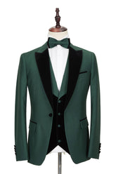 Black Peak Lapel Dark Green Wedding Suit with Velvet Edging