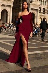 Black One Shoulder Long Sleeve Tulle Prom Dress with Pleated Split