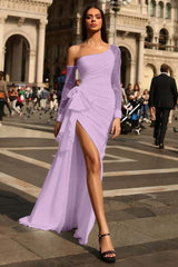 Black One Shoulder Long Sleeve Tulle Prom Dress with Pleated Split