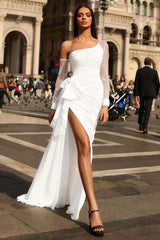 Black One Shoulder Long Sleeve Tulle Prom Dress with Pleated Split