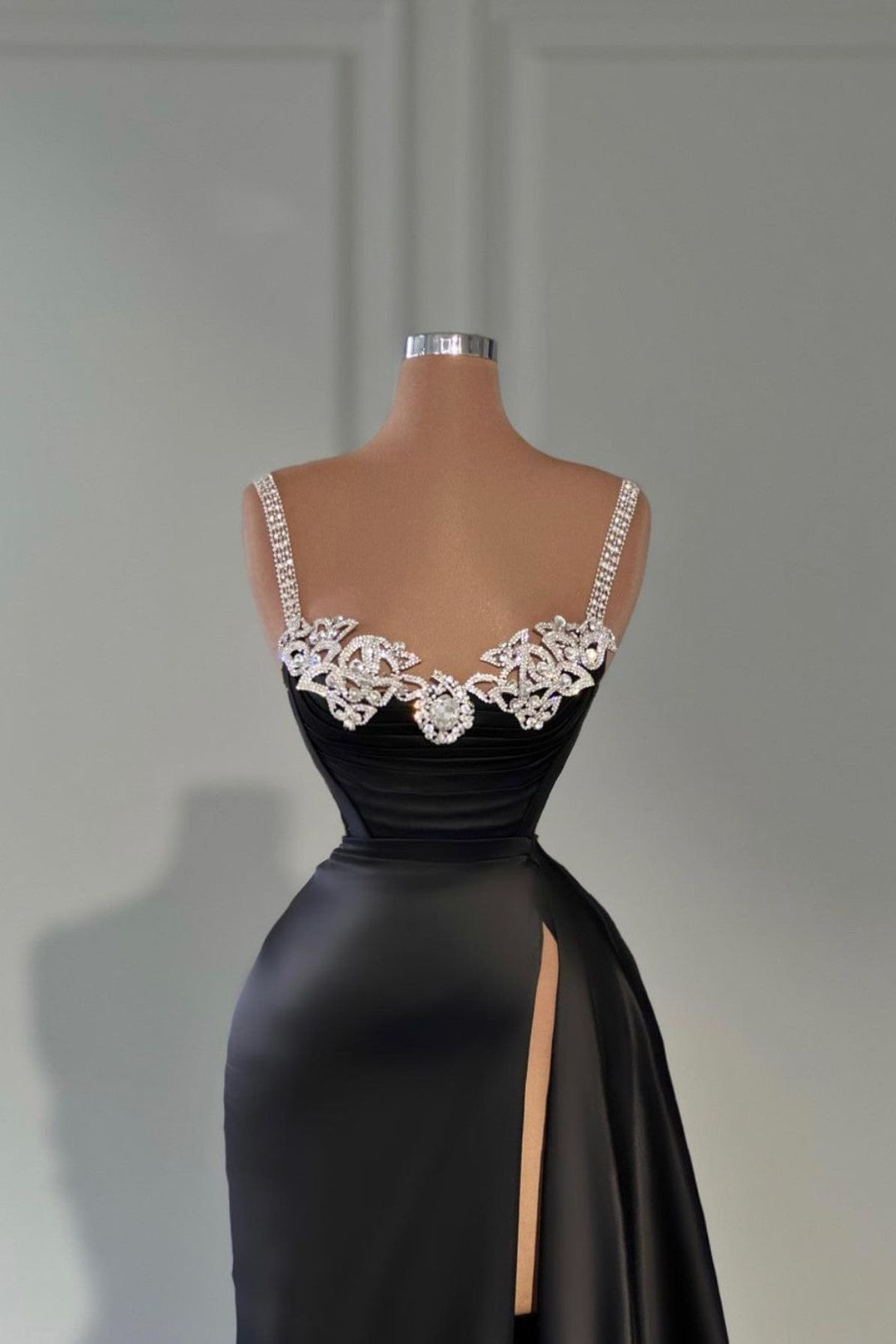 Black Satin Spaghetti Strap Evening Dress with Split and Beadings