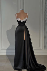 Black Satin Spaghetti Strap Evening Dress with Split and Beadings