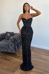 Black Sequins Sleeveless Prom Dress with Strap and Long Applique