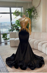 Sexy Black One Shoulder Mermaid Long Prom Dress with Embroidery