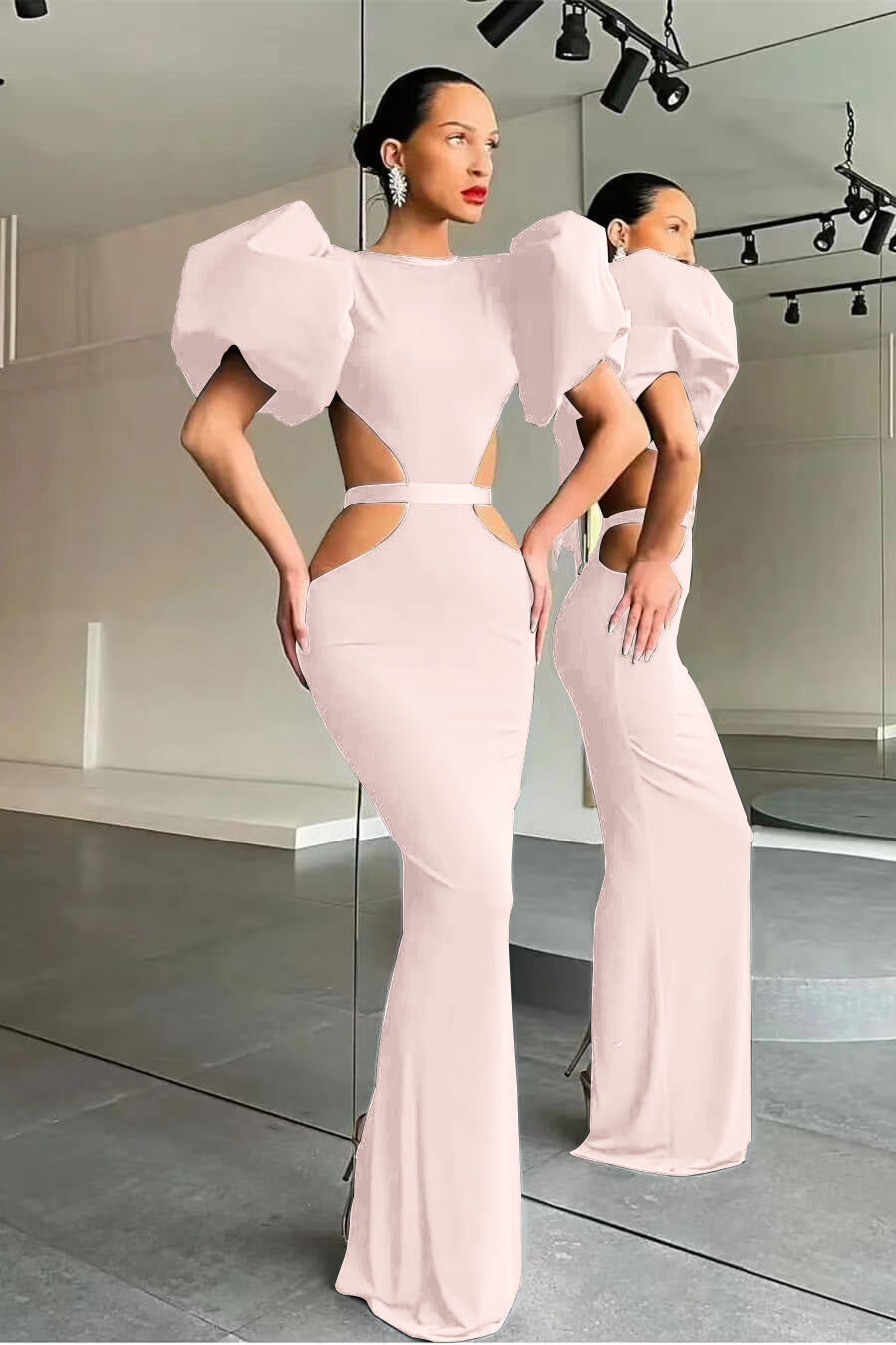 Black Shiny Mermaid Puff Sleeves Evening Dress Online